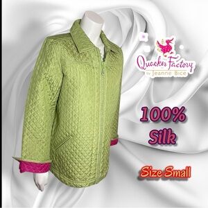Quacker Factory Women's Silk Green Puffer Jacket with Pink Accents